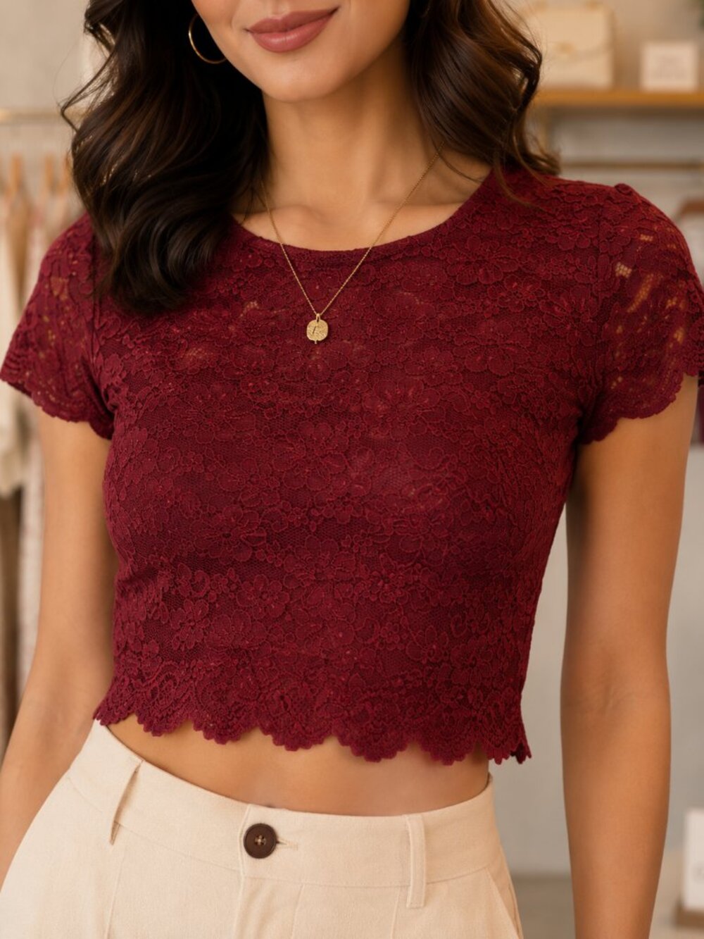 **Forever 21 Burgundy Floral Lace Crop Top – Size Medium**
